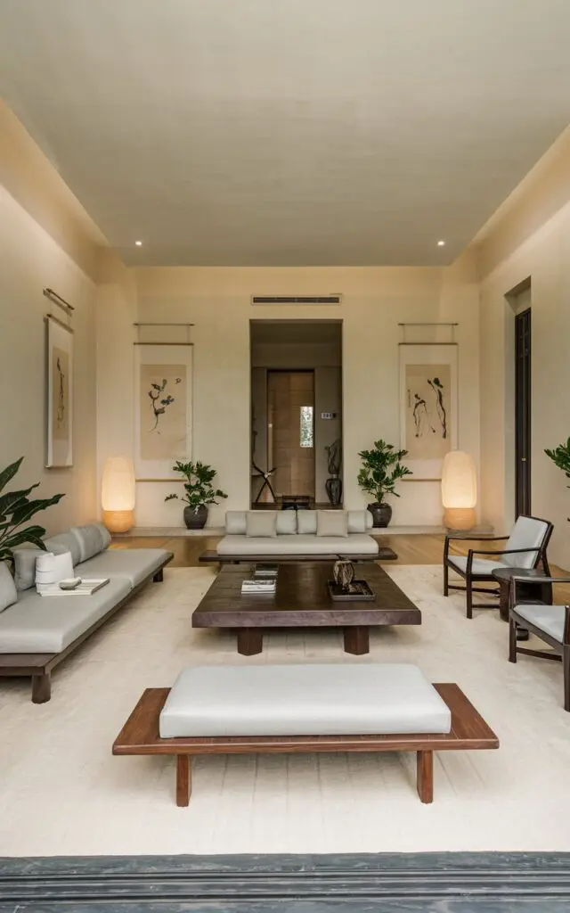 A photo of a modern living room with a Zen aesthetic. The room has an Asian influence, with a low-slung sofa and a few chairs placed on a light wooden floor. There's a large, dark wooden coffee table in the middle of the room. The walls are painted in soft beige and are adorned with a few artworks. There are floor lamps placed near the sofa and the entrance. The room also contains a few potted plants.