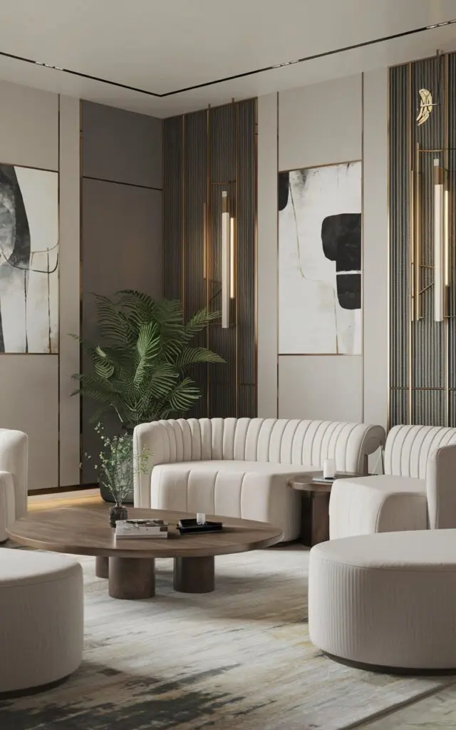An Asian Zen style modern living room with Monochrome Decor for a Sleek, Unified Look. The room has a luxurious touch and features modular furniture to maximize flexibility and functionality. There is a white sofa with curved lines and a wooden coffee table in the center of the room. The walls are adorned with abstract art pieces. A potted plant is placed near the sofa. The floor is covered with a soft rug.