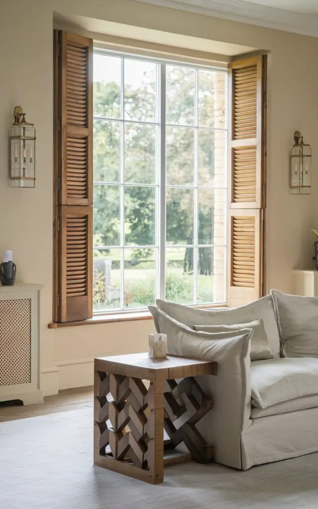 A photo of a modern living room in an English countryside setting. The room has a large window with wooden shutters, revealing a view of the lush greenery outdoors. There's a comfortable sofa with a wooden side table. The side table has a statement design with a geometric pattern. The room has wall sconces on either side of the window. The walls are painted in a soft beige color. The floor is covered with a light gray rug.