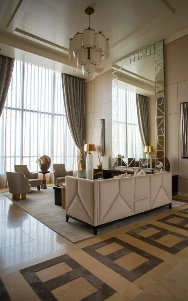 A photo of an art deco modern luxurious living room with bold, geometric patterns in the décor. The room has a high ceiling, large windows with curtains, and a chandelier. There is a white sofa with geometric patterns, a beige rug, and a few chairs. On the wall, there is a large mirror with a geometric frame. There are also some decorative objects, such as a lamp and a vase. The floor has a geometric pattern in beige and gray tiles.