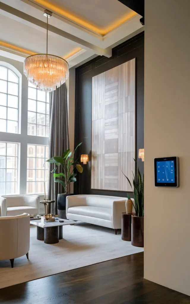 A photo of an art deco modern luxurious living room with a smart home system to control lighting and temperature effortlessly. The room has high ceilings, large windows, and a chandelier. There's a white sofa, a coffee table, and a plant. On the wall, there's a large artwork and a panel with a touch screen.