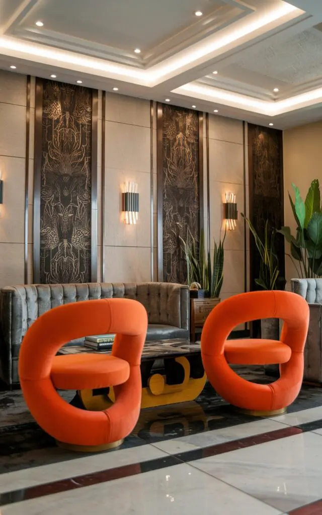 A photo of an art deco style modern luxurious living room with wall Sconces to Add Dimension and Warmth to the Space. The room has a pop of color with bold accent chairs. The chairs are orange and have a unique, curved shape. The room has a sofa, a coffee table, and a plant. The walls have decorative patterns. The floor is made of black and white tiles. 