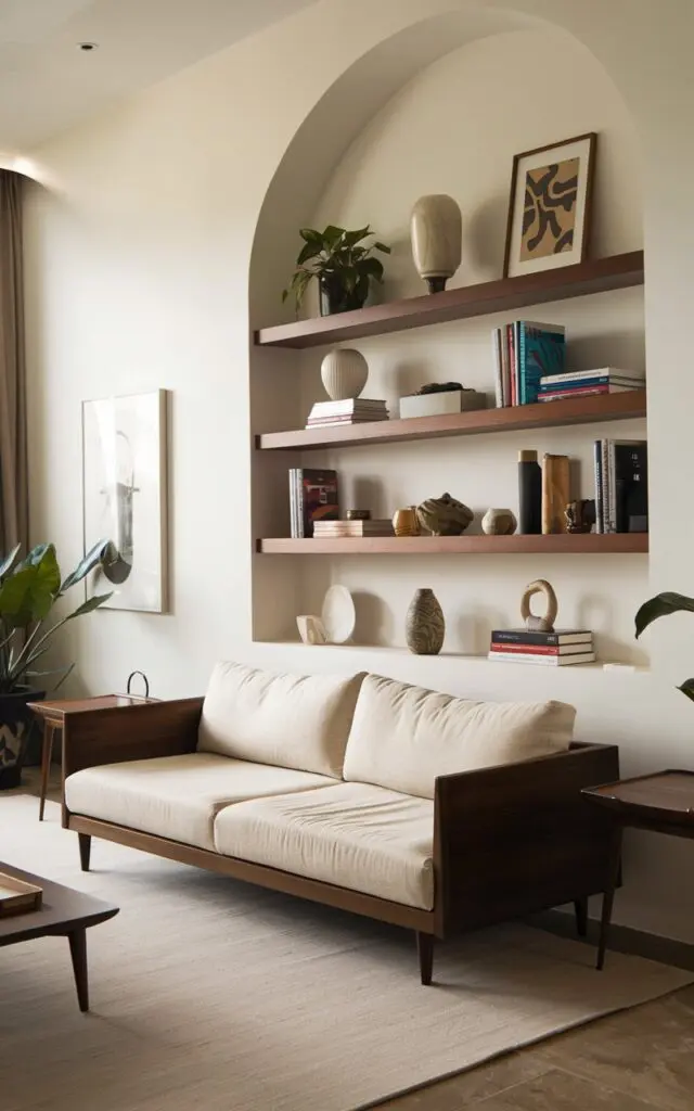 A photo of a Bauhaus style luxurious modern living room with built-in shelving. The room has a white wall with a built-in wooden shelf that holds various items such as books, plant pots, and decorative objects. There's a comfortable beige sofa with a wooden frame. The floor is covered with a beige rug. The room has a few pieces of art on the wall and a small wooden table next to the sofa. The lighting is soft.