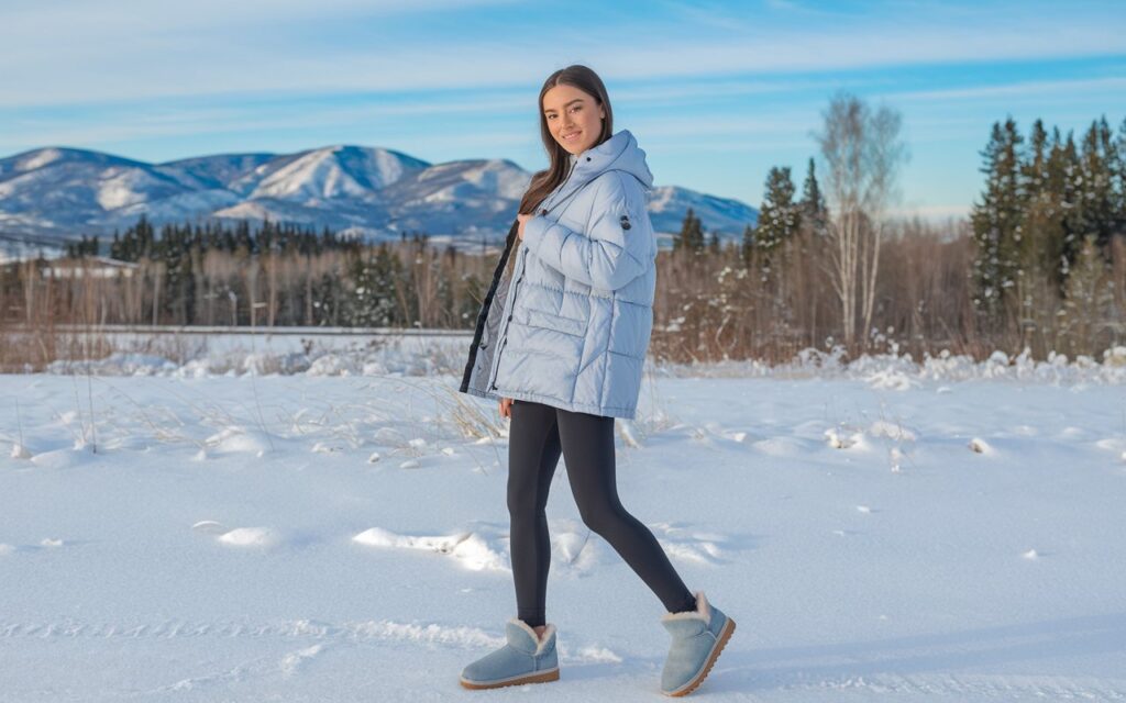 A photo of a pretty young woman wearing a puffy down jacket, fitted leggings, and powder blue UGG sneakers. She is standing in a snowy landscape. The background reveals a serene winter landscape with trees and mountains covered in snow. The sky is clear and blue.
