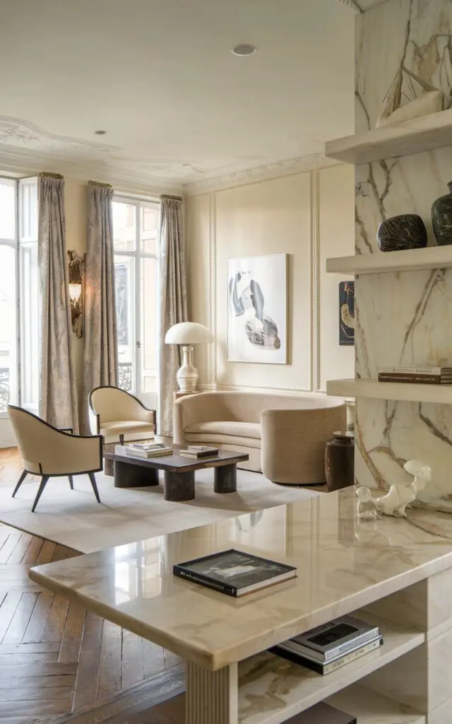 A photo of a French Country-style modern luxurious living room with marble or stone surfaces for a sleek, polished finish. The room features a beige sofa, a few chairs, a coffee table, and a shelf. The walls are adorned with artwork. The floor is made of wooden planks.