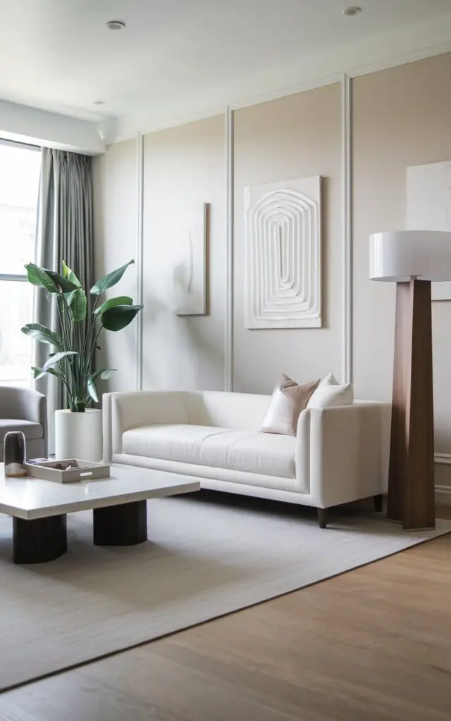 A photo of a minimalistic modern luxurious living room with streamlined furniture for a clean, sophisticated design. The room has a white sofa with a few throw pillows, a white coffee table, a wooden standing lamp, and a green plant. The walls have a few pieces of art. The floor is made of light wood.