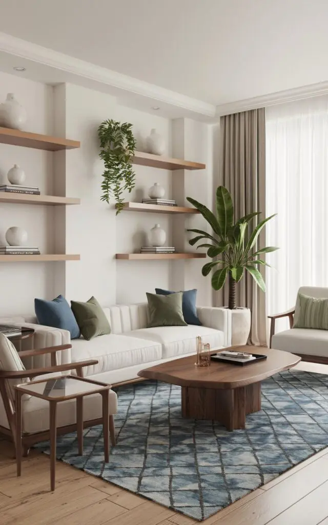 A Scandinavian home decor style modern luxurious living room with neutral tones and pops of jewel colors for a balanced, modern look. The room has a white sofa with blue and green cushions, a beige armchair, a wooden coffee table, and a glass side table. There is a blue rug with a geometric pattern, and a green plant in a white pot. The walls are painted white, and there are wooden shelves with white vases and greenery. The room has a large window with curtains.