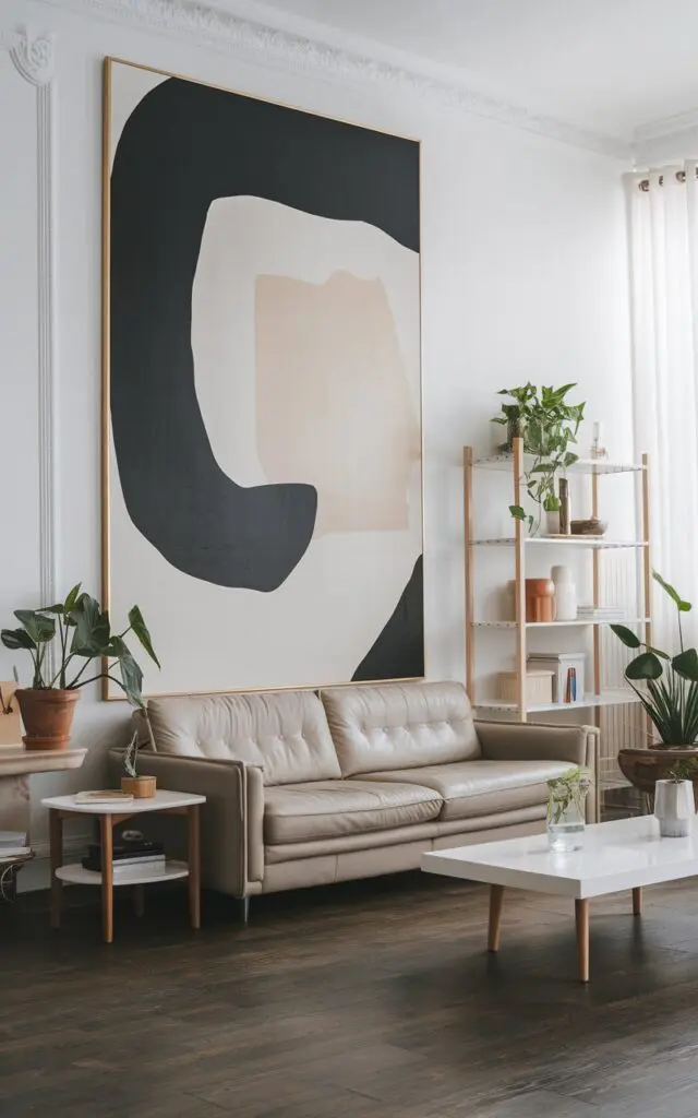 A photo of a Scandinavian style luxurious modern living room with a feature wall. The feature wall has a bold, oversized, and abstract painting. The room has a beige sofa, a white coffee table, and a few potted plants. There are also a few wooden items, including a side table and a shelf. The floor is made of dark wood.