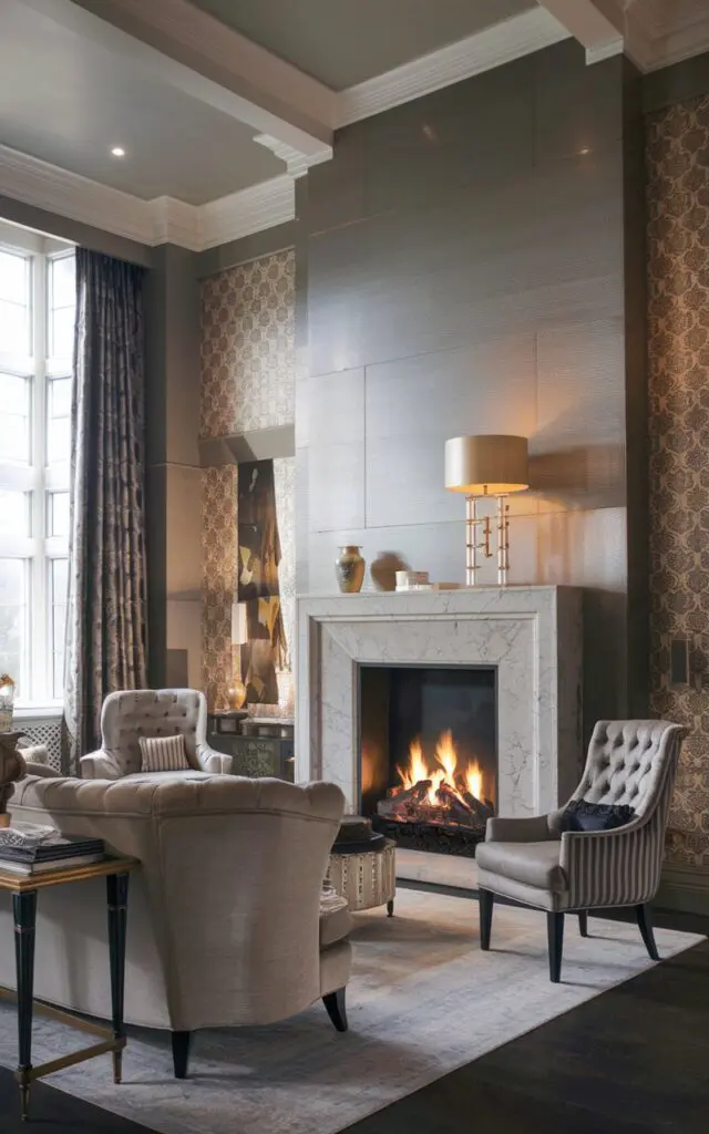 A photo of a luxurious Victorian home decor style living room with a modern fireplace as the focal point. The room has a high ceiling, a chandelier, and is filled with antique furniture. There's a plush sofa, a few chairs, and a coffee table. The walls are adorned with artwork. The modern fireplace has a clean, minimalist design and is made of glass and metal. The floor is covered with a plush, patterned rug.