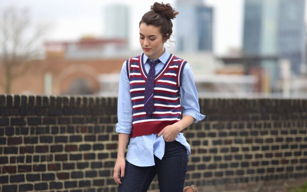 A photo of a chic young woman wearing a nerdy yet stylish outfit. She is wearing a light blue button-up shirt with the sleeves rolled up, a red and white striped sweater vest, and a purple tie. The tie is loosened around her neck. She is wearing dark wash jeans and brown leather shoes. She has her hair tied up in a high bun. She is standing against a brick wall. The background is blurred, showing a city skyline with modern buildings.