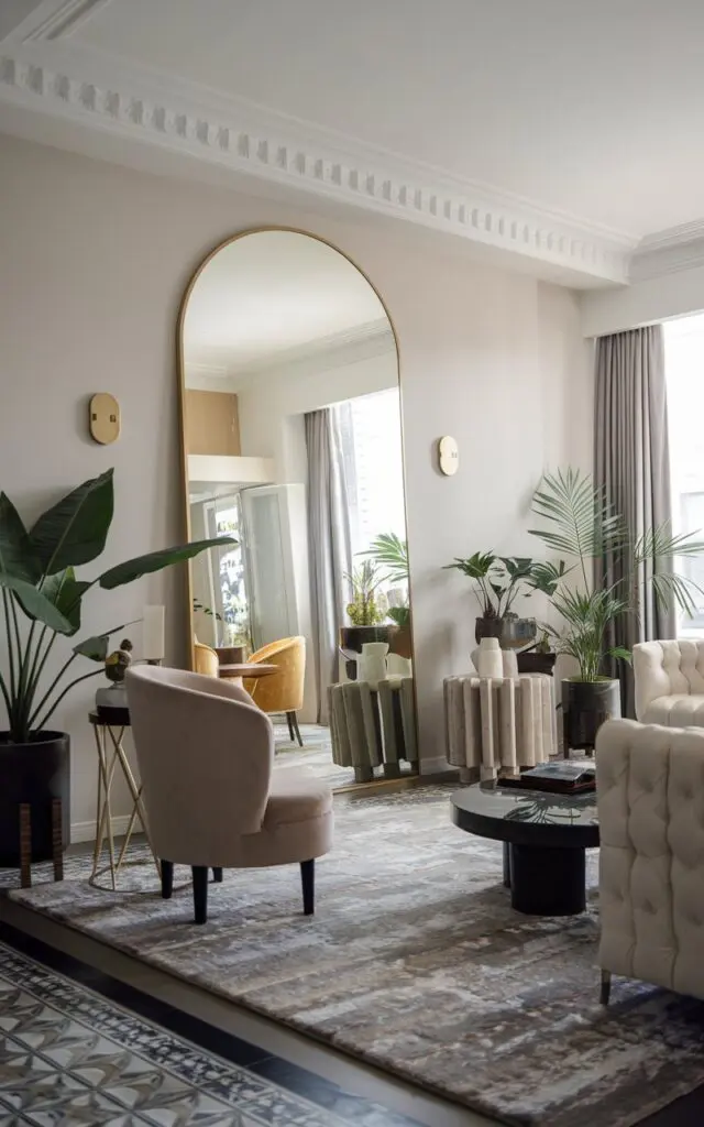 A photo of a modern luxurious living room with a cottagecore home decor style. The room has a large mirror on the wall, a plush rug, and a few pieces of furniture, including a sofa, a chair, and a side table. There are also some plants and decorative items in the room. The walls and ceiling are painted white, and there is a patterned floor.