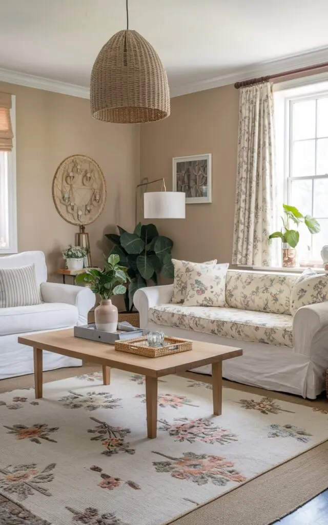 A photo of a cottagecore living room with a small floral patterned rug placed over a neutral base big rug for a layered look. The room has a white sofa with floral cushions, a wooden coffee table, a hanging lamp, and a few decorative items. The walls are painted beige, and there is a plant near the window.