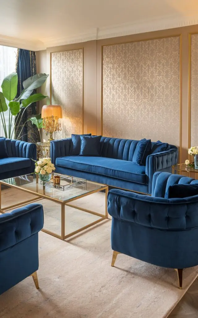A photo of a luxurious living room with velvet furniture. There is a blue velvet sofa and two matching armchairs. The sofa and armchairs are placed around a glass coffee table with a gold frame. The room has a beige rug and a few decorative items. The walls have a beige and gold patterned wallpaper. There is a large plant near the window. The lighting is warm and soft.
