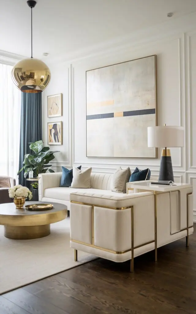 A photo of a luxurious modern Bauhaus living room with metallic accents. The room has a white sofa with gold legs, a brass coffee table, and a gold pendant lamp. The walls are adorned with a large painting and a few smaller artworks. The floor is made of dark wood. There is a plant in the room. The overall ambiance is bright and inviting.