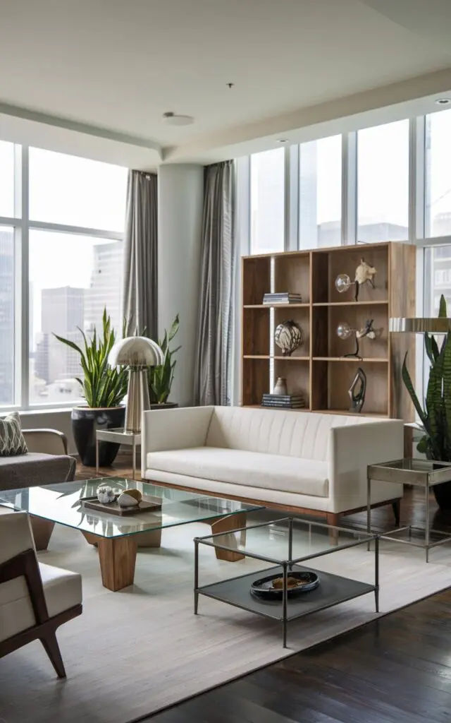 A photo of a luxurious modern living room with a mix of materials like wood, glass, and metal for a modern eclectic feel. The room has a large window with a view of a city skyline. There is a white sofa with wooden legs, a glass coffee table, and a metal side table. There is also a wooden bookshelf, a metal lamp, and a few potted plants. The walls and the ceiling are painted white.