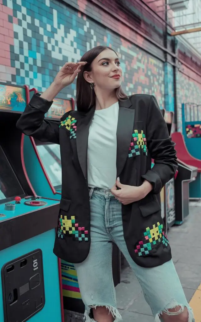A photo of a stylish nerdy-looking woman wearing a black blazer adorned with colorful pixelated Space Invader patches. She pairs it with a simple white tee and distressed jeans. She is striking a playful pose in an urban setting, surrounded by retro gaming elements like arcade machines and pixel art graffiti.
