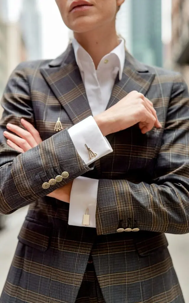 A photo of a stylish woman wearing a fitted tailored suit with subtle magical motifs. The suit is accessorized with wand-shaped cufflinks that gleam in the light. She has a crisp white shirt underneath the suit. The woman is standing confidently. The background is blurred and contains a cityscape with tall buildings.