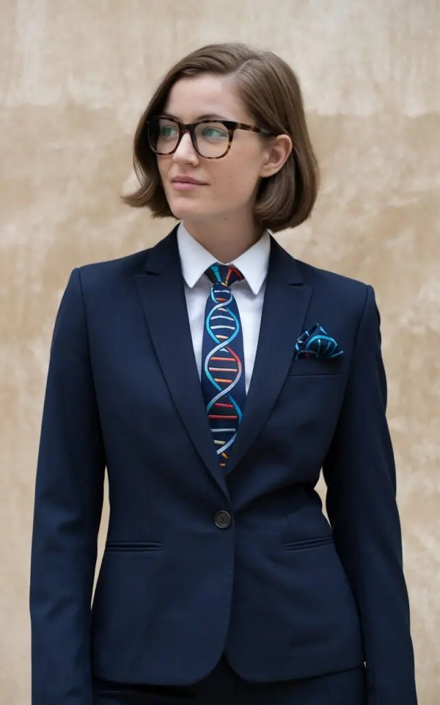 A photo of a woman wearing a navy blue suit with a DNA helix patterned tie and matching pocket square. She has short brown hair and is wearing glasses. The background is a beige wall.