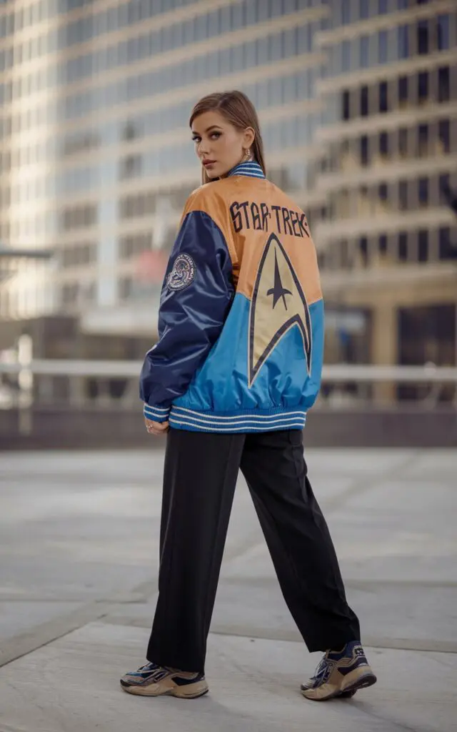 A photo of a woman wearing a nerdy outfit. She has a Star Trek-inspired jacket with the logo on the front and the text "Starship Enterprise" on the back. She is wearing sleek black trousers and funky sneakers for a casual twist. The background is a blurred cityscape with tall buildings.