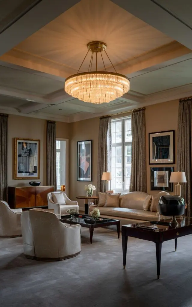 A photo of an Art Deco luxurious living room with a statement chandelier. The room has a high ceiling and is filled with elegant furniture, including a sofa, armchairs, a coffee table, and a sideboard. The walls are adorned with framed artwork. The floor is covered with a plush carpet. The chandelier hangs from the ceiling and casts a warm glow over the room.