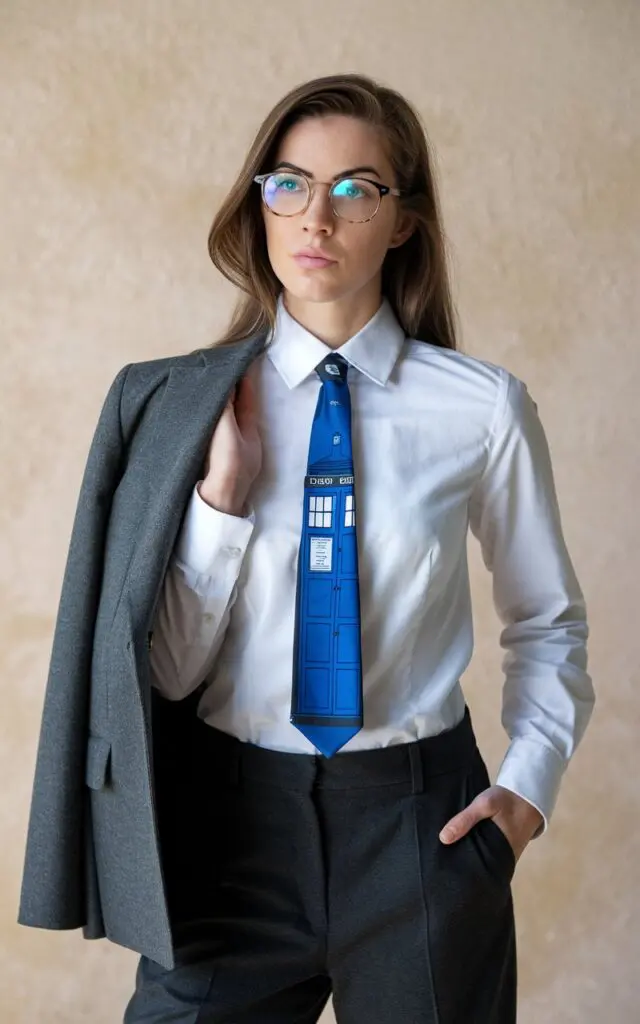 A photo of a sharp-dressed woman wearing a crisp white shirt with a blue TARDIS tie. She is also wearing a grey blazer and a pair of black trousers. The woman has brown hair and is wearing glasses. She is standing against a beige background.