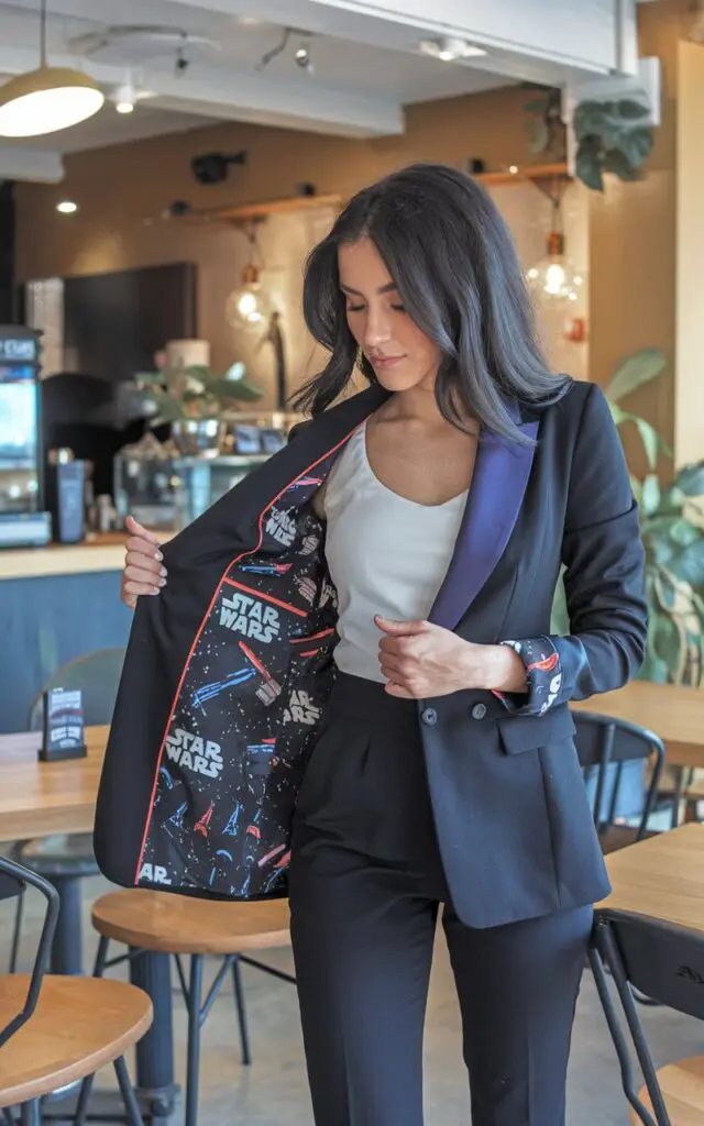 A photo of a stylish woman wearing a well-fitted blazer with a fun Star Wars lining. She playfully pulls back the lapel to reveal the colorful interior. She is in a modern cafe, with Star Wars memorabilia on the tables, creating a fun and relaxed vibe. The cafe has a few tables and chairs, a counter, and a few potted plants. The walls are painted a warm hue.