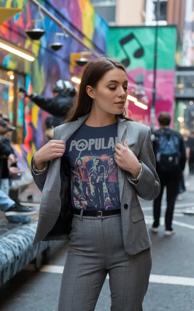 A photo of a trendy woman in a tailored jacket, lifting it slightly to reveal a graphic tee featuring a popular band. She is standing in a vibrant urban setting with colorful street art and music notes in the air. The background is busy with people and buildings. The woman's outfit is cool and casual, with a nerdy vibe.