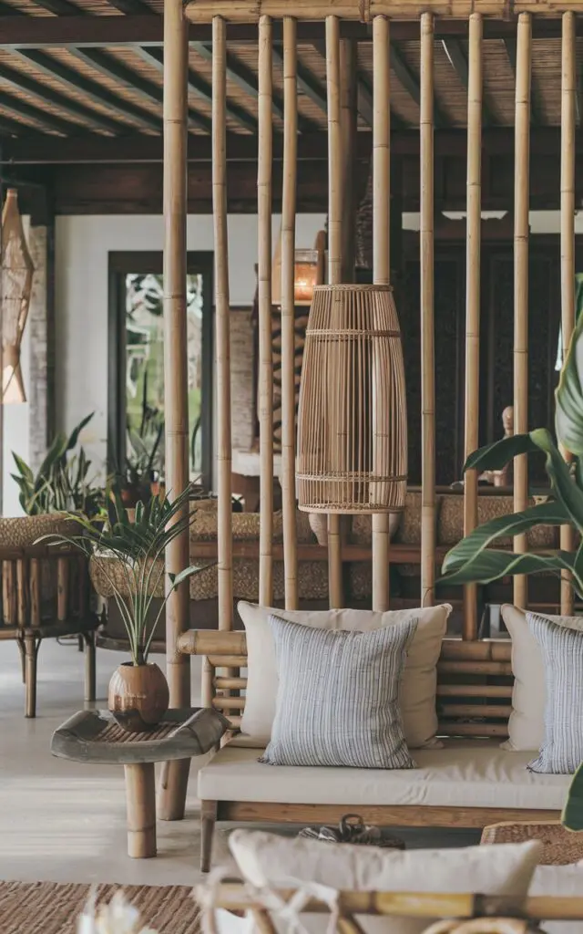 A photo of a Balinese living room with a bamboo divider. The room has a traditional Balinese decor, with wooden furniture, plants, and decor items. The bamboo divider serves as a partition between the seating area and the dining area.