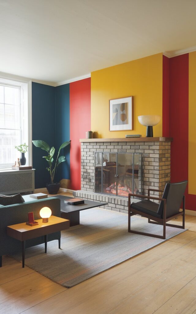 A photo of a Bauhaus-style living room with a light-up fireplace. The room has a light wood floor and is furnished with a sofa, a chair, a coffee table, and a side table. The walls are painted in bold, contrasting colors. The fireplace is made of brick and has a glass door. There is a plant near the window. The room has a few decorative items, including a lamp and a vase.