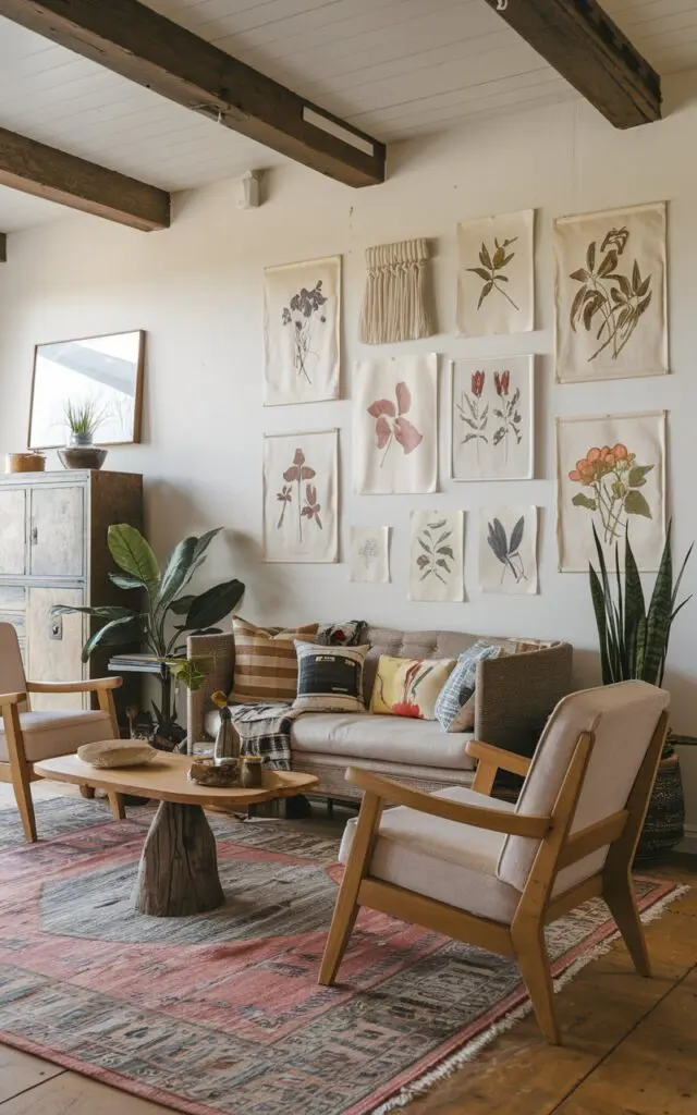 A photo of a Bohemian and Craftsman-style living room. There's a sofa, a couple of chairs, a coffee table, and a plant. On the wall, there's a gallery of pressed flowers and botanical prints. The room has wooden beams on the ceiling and a patterned rug.
