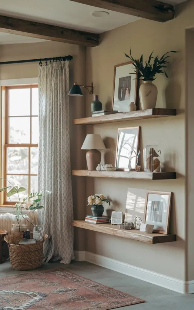 A photo of a Bohemian living room with 2-3 floating shelves displaying knick-knacks and memories. The room has a rustic charm with a wooden beam ceiling, a rug on the floor, and a large window with curtains. The shelves are made of wood and are placed near the window. They hold various items such as vases, a lamp, a plant, and a photo frame. The walls are painted in a soft color.