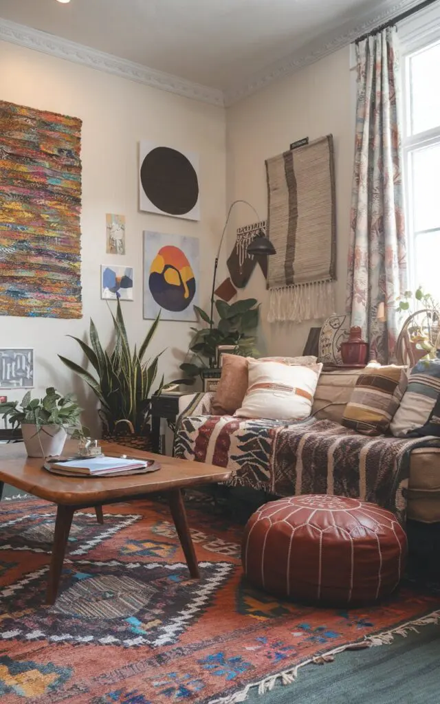 A photo of a Bohemian-style living room with a leather pouf placed beside a couch. The room has a patterned rug, a wooden coffee table, and a few plants. The walls are adorned with various artwork, including a large, colorful painting. The couch is placed near a window with a curtain. The room has a few other furniture pieces, including a side table and a lamp.