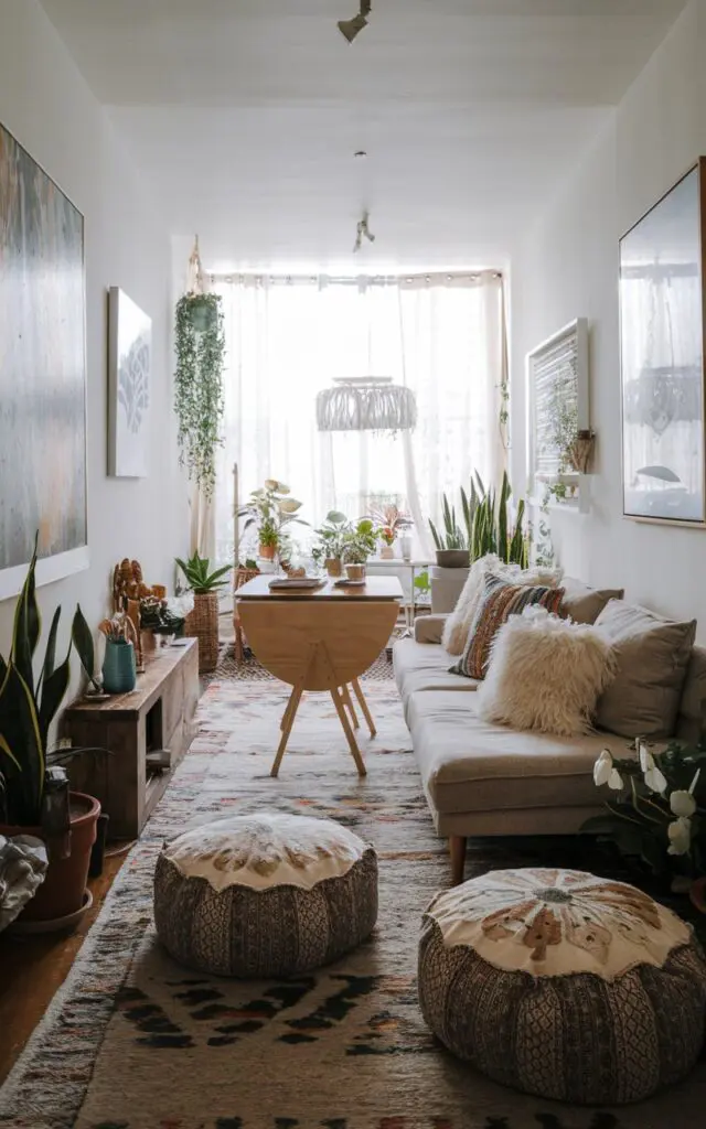 A photo of a Bohemian style long narrow living room. There is a couch, 2 patterned poufs beside the sofa. In the middle of the room, there is a wooden Drop-Leaf Table. The room has a few plants and decorative items. The walls are adorned with artwork.
