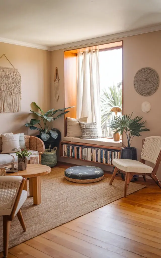 A photo of a Boho + Balinese living room with a reading nook. The room has a wooden floor and is furnished with a sofa, a few chairs, and a coffee table. Near the window, there's a reading nook with a floor cushion, a bookshelf filled with books, and a lamp. The room has a few potted plants, a woven rug, and decorative items. The walls are painted in a soft beige colour.