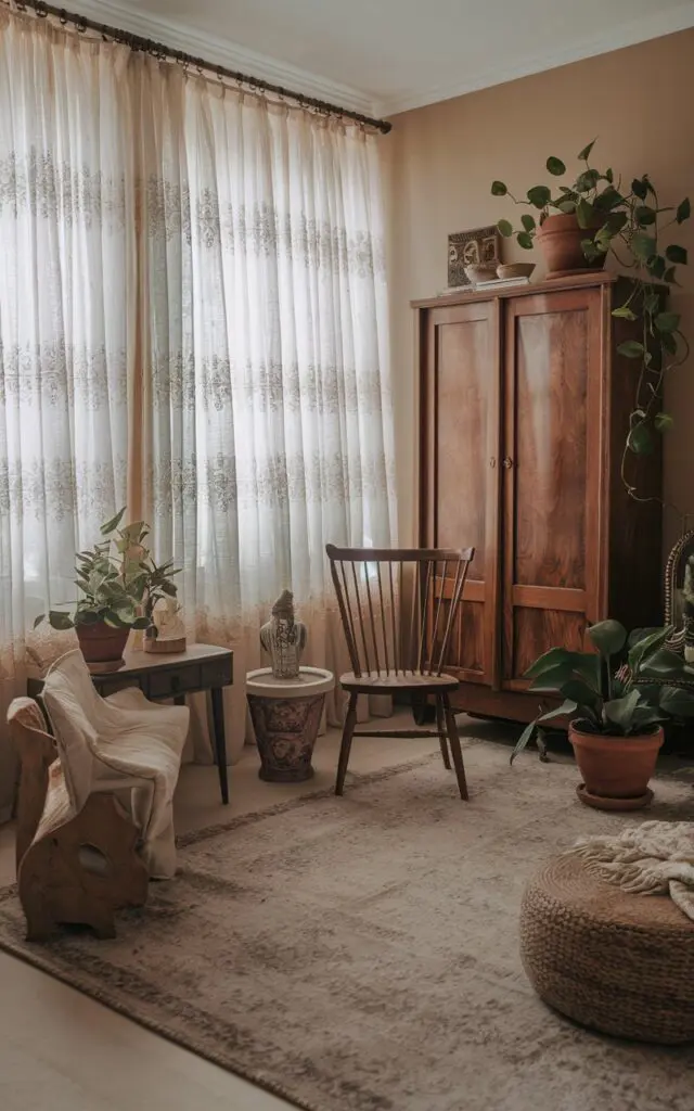 A photo of a Boho + Victorian living room with flowing lace curtains in neutral tones. There is a vintage furniture, including a wooden chair, a wooden side table, and a large wooden cabinet. The room has a plush rug, a few potted plants, and some decorative items. The walls are painted in a soft beige colour.