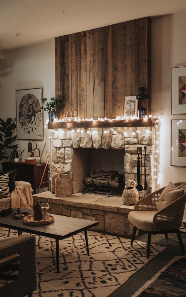 A photo of a boho living room at night with a cast stone and wooden fireplace. The fireplace has a decorated Empire Profile Mantel Shelf. The mantel is illuminated with string lights. The room has a rug, a sofa, a chair, a coffee table, and a few decorative items. The walls have some artwork.