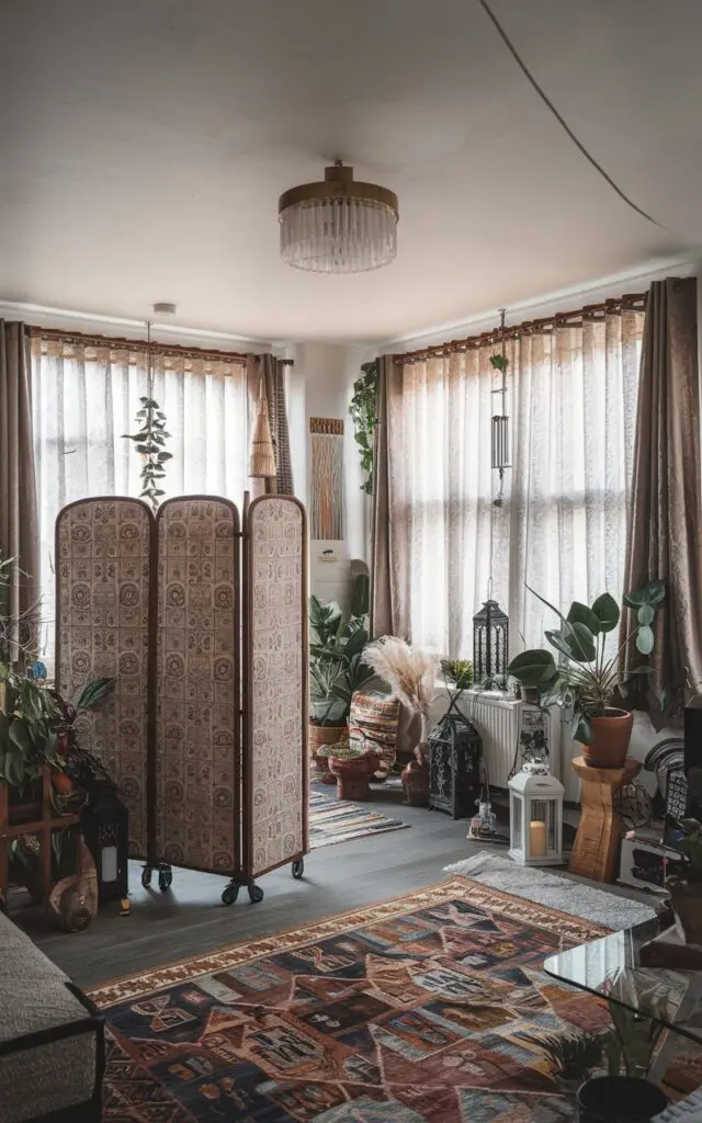A photo of a bohemian living room with a patterned rolling partition with wheels placed between the living room and dining area. The ceiling has a light fixture. The floor has a statement rug. The windows have curtains, and the light is diffused. The room is full of various decorations, including plants, lanterns, and artwork.