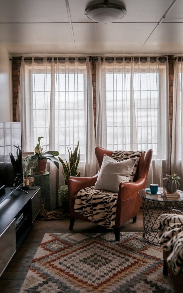 A photo of a boho and rustic industrial long narrow living room. There's a leather chair with linen pillows and an animal print faux fur blanket. A patterned woven rug in contrasting colour is placed beneath the couch. A small glass side table holds a coffee mug, books, and some plants. The ceiling has a light fixture. The windows have closed sheer boho curtains. The room has functional essentials like a TV on top of a sleek media console.