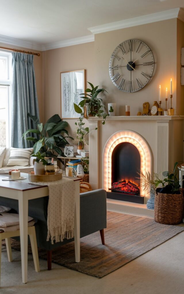 A photo of a cottagecore living room with a light-up fireplace and a statement clock above it. The room has a sofa, a table, and other furniture. There are plants, candles, and decor items scattered around the room. The walls are painted beige, and there is a rug on the floor. The lighting is warm and soft.