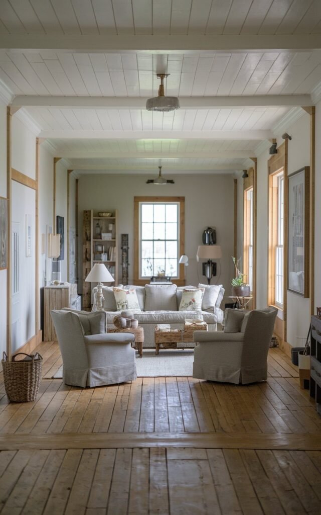 A photo of a long, narrow living room in a farmhouse. There is a sofa and two swivel chairs arranged in a diagonal pattern to break the linearity of the room. The room has a wooden floor and rustic decor. There are a few decorative items, such as a lamp and a basket.