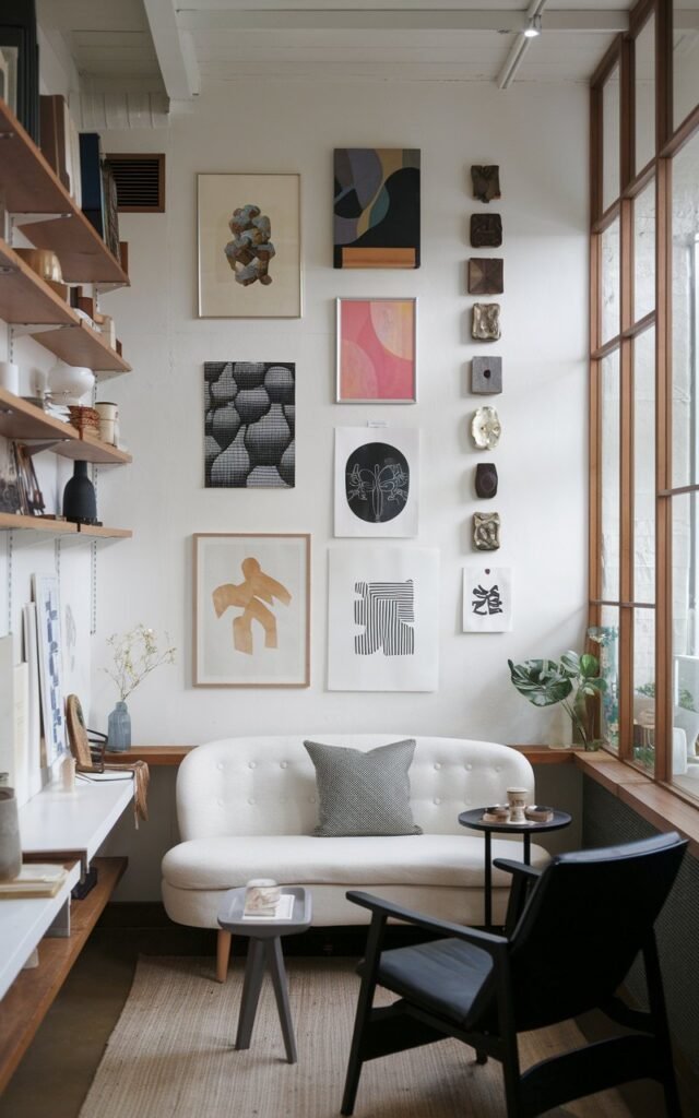 A photo of a Japandi-style long, narrow living room with a white sofa and a white coffee table. There are several art pieces arranged vertically as a wall decor. The room has wooden flooring and a wooden ceiling. There are potted plants and a lamp near the sofa. The room has large windows with wooden frames.