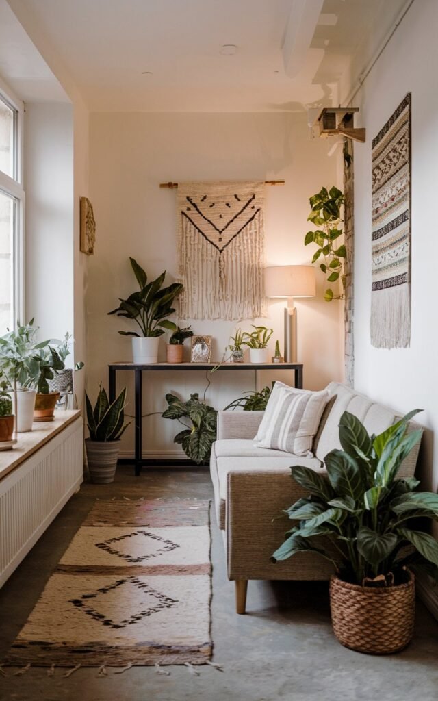 A photo of a long, narrow living room with a modern boho style. Small plants are placed in a corner of the room on a console table. Small Potted plants are also placed near the window. There's a sofa placed near the window, and a rug is placed on the floor.