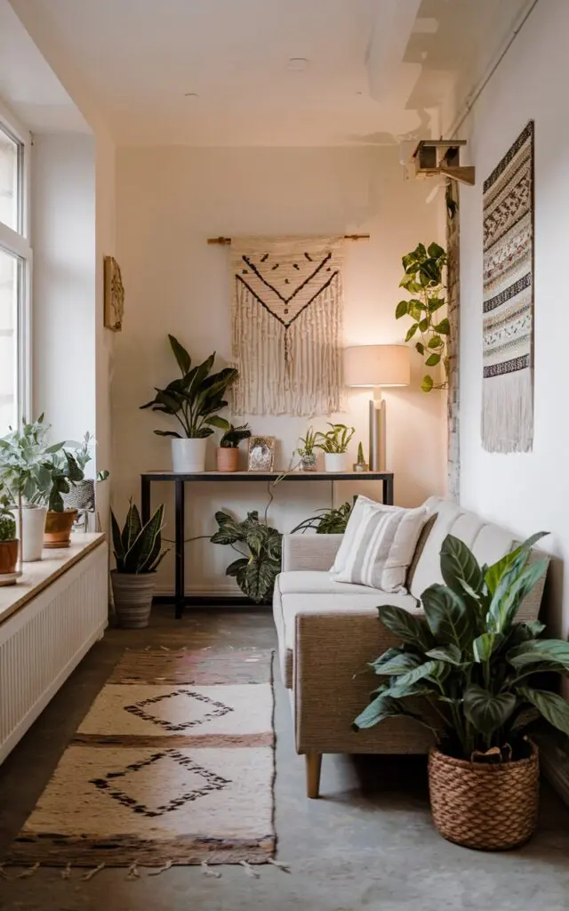 A photo of a long, narrow living room with a modern boho style. Small plants are placed in a corner of the room on a console table. Small Potted plants are also placed near the window. There's a sofa placed near the window, and a rug is placed on the floor. 