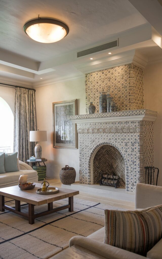 A photo of a Mediterranean living room with a Moroccan-inspired fireplace made of decorative tiles. The room has soft, diffused lighting. The ceiling is attractive and has a light fixture. There is a comfortable sofa, a coffee table, and a rug in the room. The walls have some artwork.
