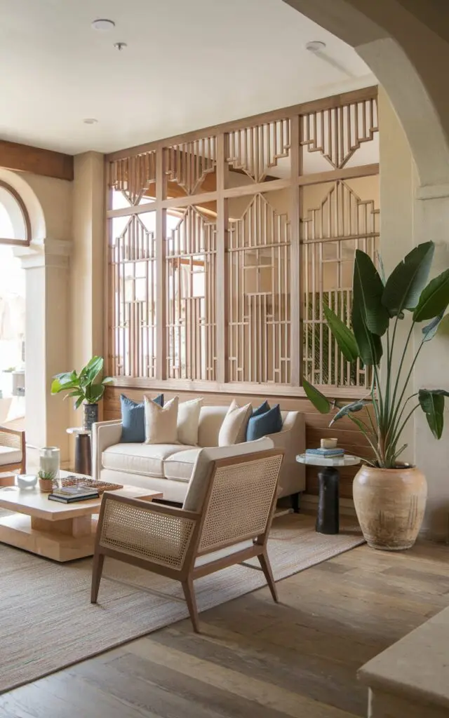 A photo of a Mediterranean-style living room with a DIY wood slat partition. The room has a beige sofa, a few chairs, a coffee table, and a side table. A large potted plant is placed near the partition. The room has a wooden floor and beige walls. The partition has a unique wood slat design and separates the living room area.