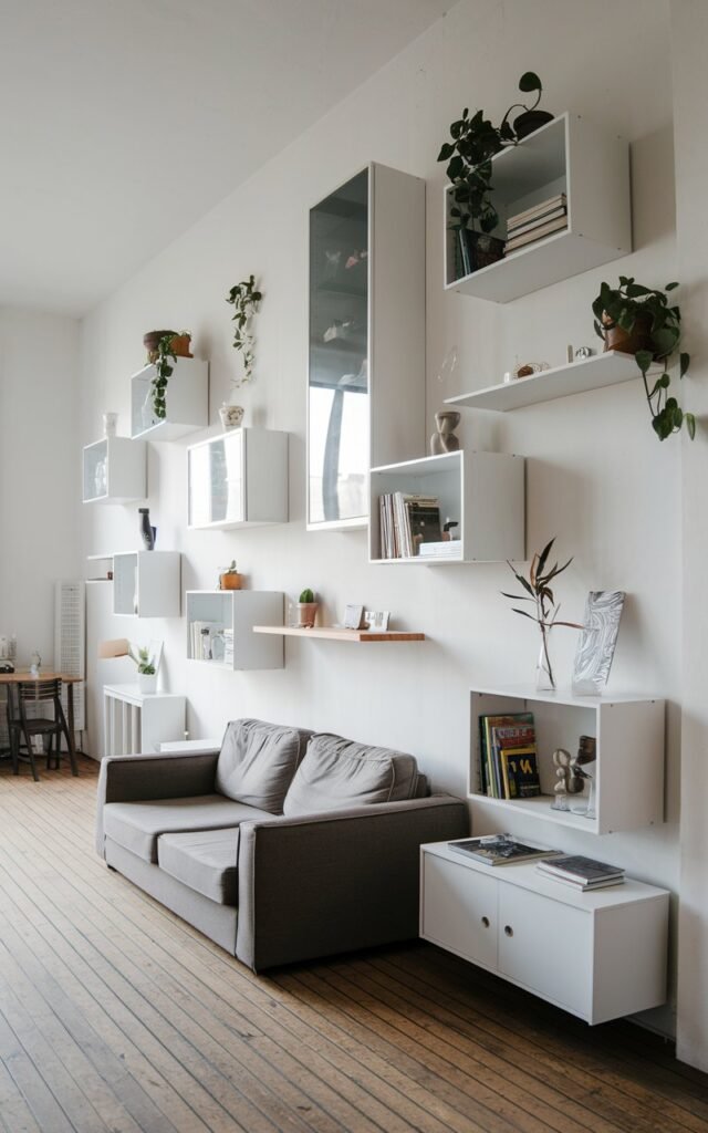 A photo of a minimalistic long narrow living room with floating cabinets at various heights. The cabinets have little trinkets, books, or even plants. There is a sofa placed in front of the cabinets. The floor is wooden. The walls are white.