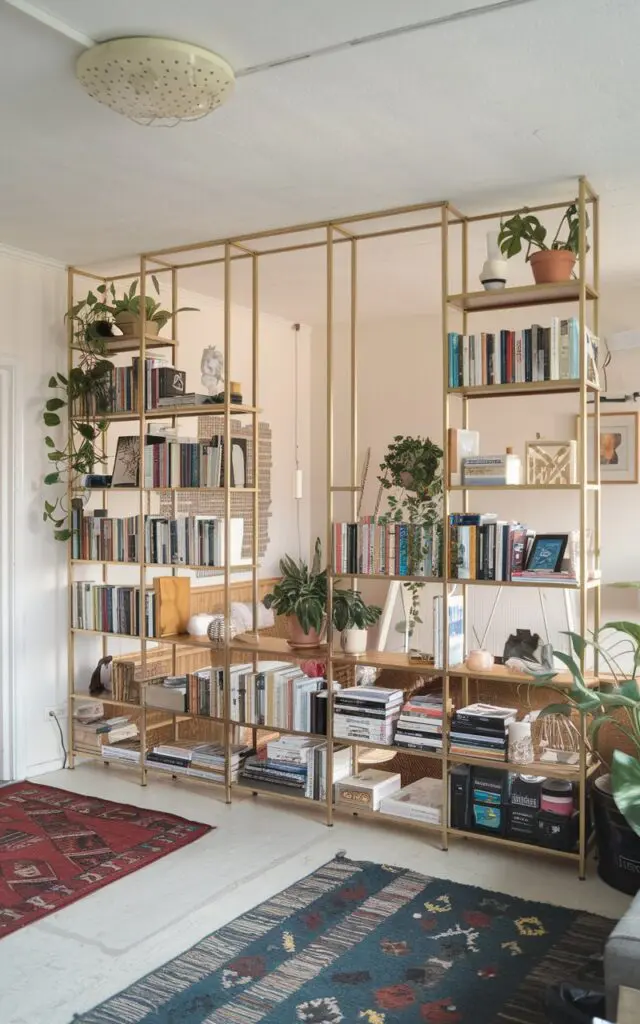 A photo of a Scandi living room with a floor-to-ceiling bookcase room divider with a brass finish. The bookcase is filled with books, plants, and decor. It is placed between the entrance and the living room. The ceiling has a light fixture, and the floor has rugs.