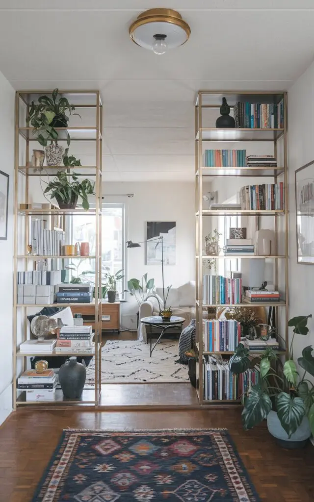 A photo of a Scandi-style living room with a v-shape bookcase room divider made of brass. The room has a small entrance area with a rug. The bookcase is filled with books, plants, and decor. The ceiling has a light fixture, and there is another rug in the living room area. The walls have a few pieces of art.