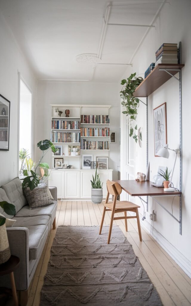 A photo of a Scandinavian-style long, narrow living room with a wall-mounted desk. The room is furnished with a sofa, a wall-mounted desk, and a bookshelf. The desk contains a lamp and a plant. There's a rug on the floor. The room has white walls and a wooden floor.
