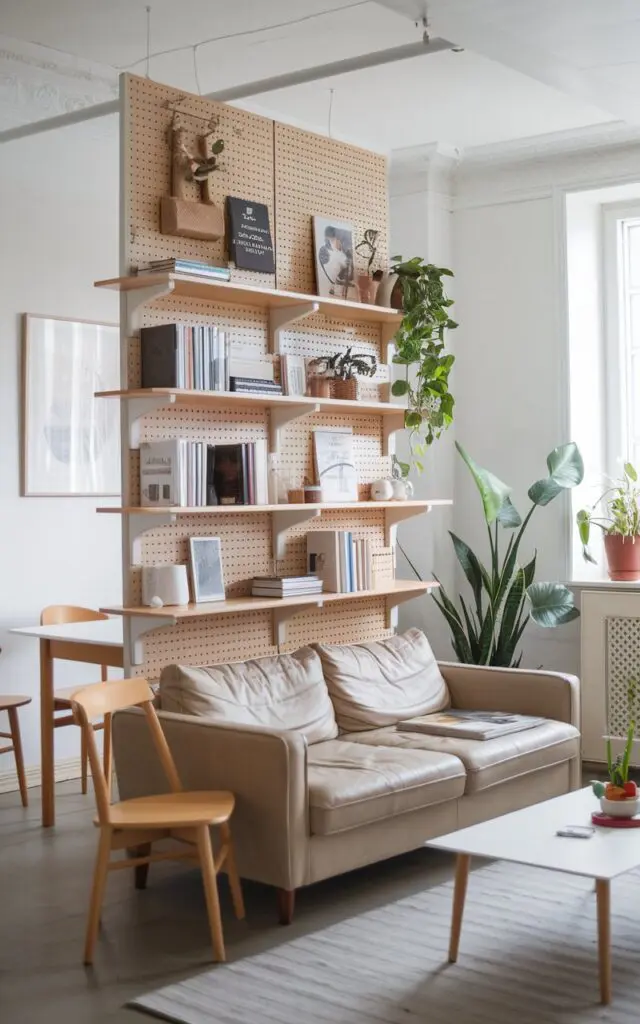 A photo of a Scandinavian living room with a stylish pegboard bookshelf acting as a partition. The pegboard holds a few books, plants, and decorative items. The room has a beige sofa, a white coffee table, and a few chairs. The walls are white, and there is a potted plant near the window.